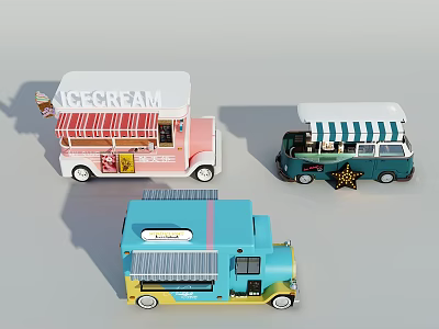 Colorful Commercial Food Trucks Including Ice Cream Vending And Mobile Street Service Vehicles 3d model