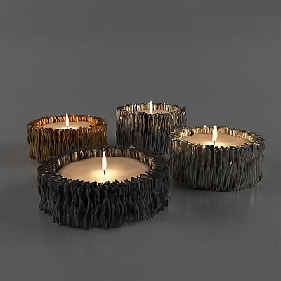 Metal Candle Holders with Wavy Texture Burning Candles Emitting Warm Light Grey Background 3d model