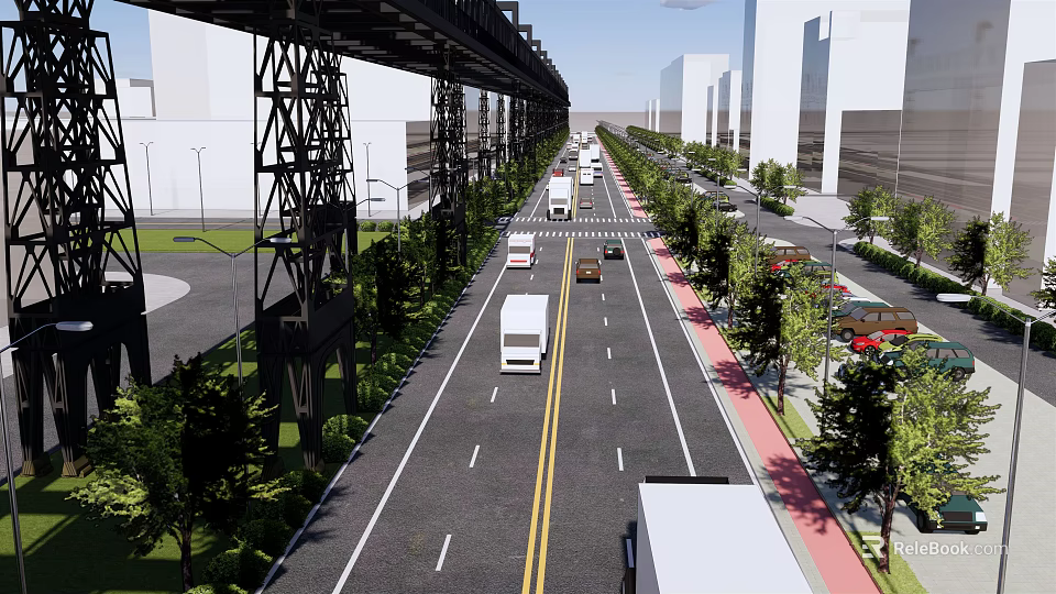 Road Infrastructure Featuring Wide Road Yellow Double Solid Lines Vehicles Street Lamps Trees And Viaduct 3d model 