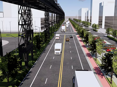 Road Infrastructure Featuring Wide Road Yellow Double Solid Lines Vehicles Street Lamps Trees And Viaduct 3d model