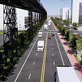 Road Infrastructure Featuring Wide Road Yellow Double Solid Lines Vehicles Street Lamps Trees And Viaduct