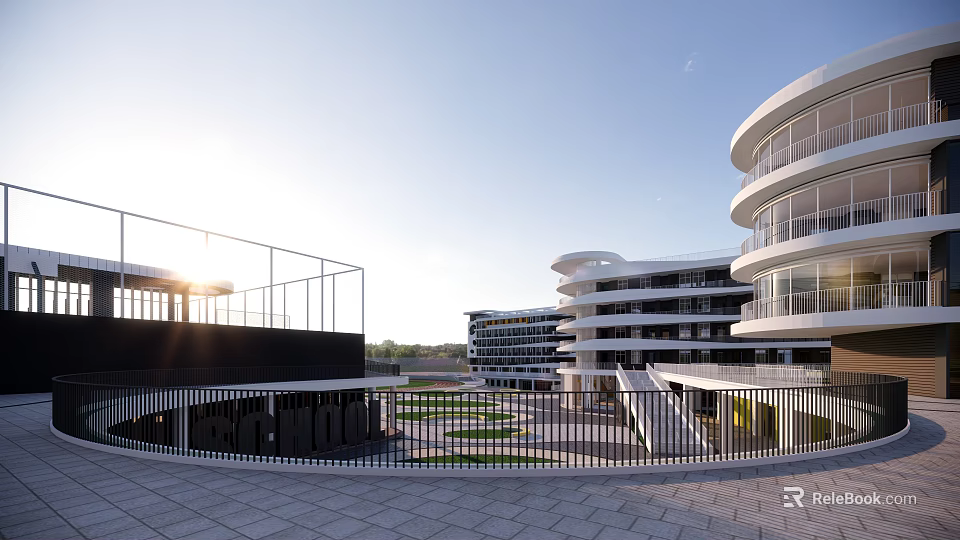 Modern School Building With Circular Design Multi Storey Open Square Railing And Sunlight View 3d model 