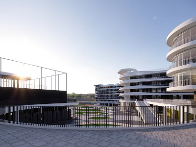 Modern School Building With Circular Design Multi Storey Open Square Railing And Sunlight View 3d model