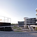 Modern School Building With Circular Design Multi Storey Open Square Railing And Sunlight View