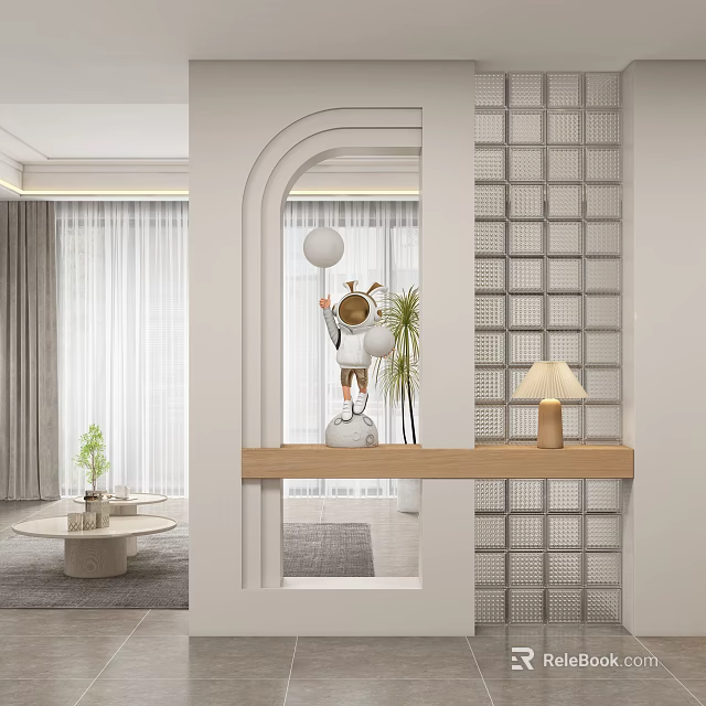 Stylish Entryway Hallway Interior With Arched Doorway Wooden Shelf Green Plant And Table Lamp 3d model 