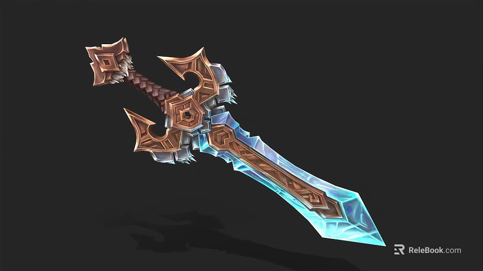 Ornate Fantasy Sword with Blue Icy Crystal Blade Brown Hilt and Metallic Decorative Accents 3d model 