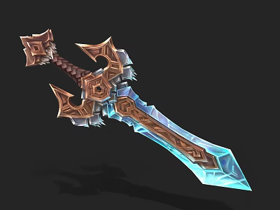 Ornate Fantasy Sword with Blue Icy Crystal Blade Brown Hilt and Metallic Decorative Accents 3d model