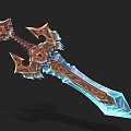 Ornate Fantasy Sword with Blue Icy Crystal Blade Brown Hilt and Metallic Decorative Accents