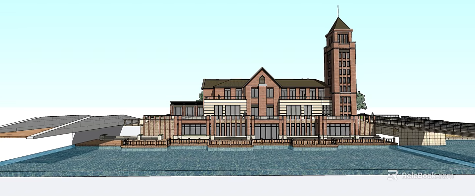 Scenic Waterfront Red Brick Building With Tower And Terrace Architectural Design 3d model 