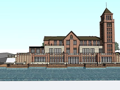 Scenic Waterfront Red Brick Building With Tower And Terrace Architectural Design 3d model
