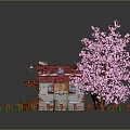 Modern Rural Scene With Small House Pink Cherry Blossom Tree Wooden Fence And Well