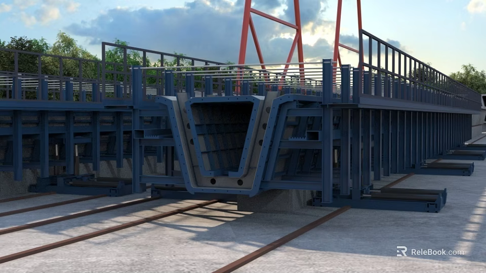 Industrial Steel Bridge Structure Component With Red Supports Blue Frame And Rail Tracks 3d model 