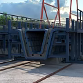 Industrial Steel Bridge Structure Component With Red Supports Blue Frame And Rail Tracks
