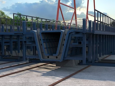 Industrial Steel Bridge Structure Component With Red Supports Blue Frame And Rail Tracks 3d model