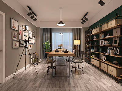 Public Office Space Modern Design With Table Chairs Bookshelves Green Plant And Framed 3d model