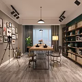 Public Office Space Modern Design With Table Chairs Bookshelves Green Plant And Framed