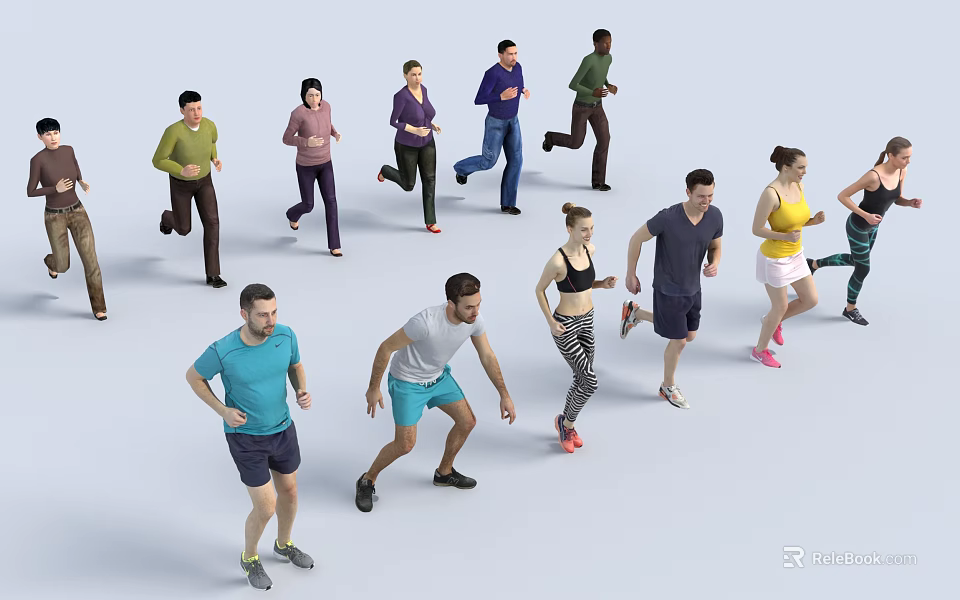 Group of Diverse People Running in Various Athletic Poses on White Background 3d model 