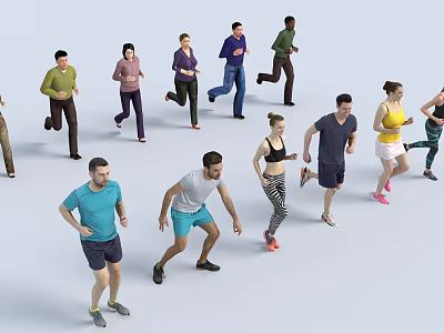 Group of Diverse People Running in Various Athletic Poses on White Background 3d model