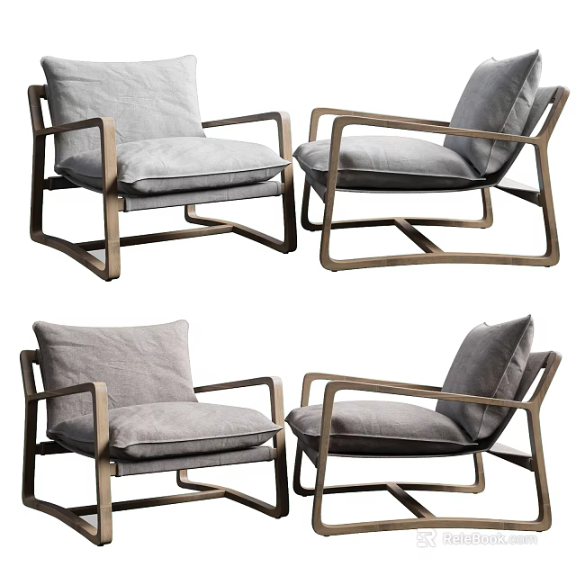 Comfortable Leisure Chairs With Wooden Frame And Gray Cushions Minimalist Modern Design 3d model 