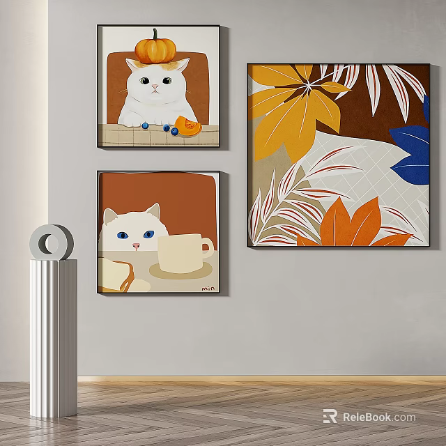 Abstract Paintings With Cat And Plant Elements For Wall Decor 3d model