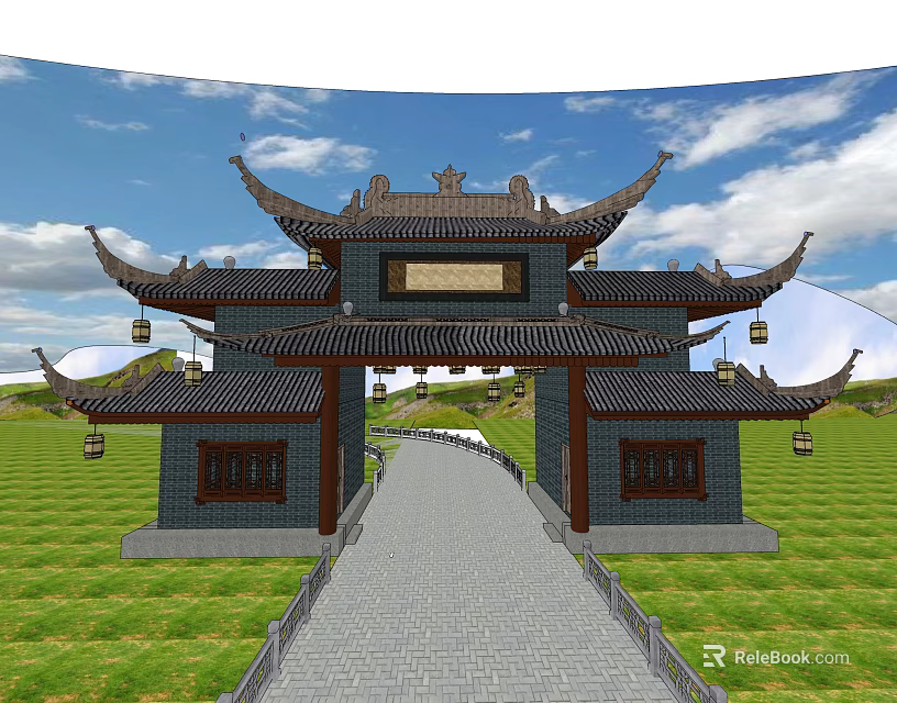 Traditional Chinese Paifang with Curved Eaves and Stone Path in Green Grassland 3d model 