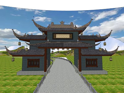 Traditional Chinese Paifang with Curved Eaves and Stone Path in Green Grassland 3d model