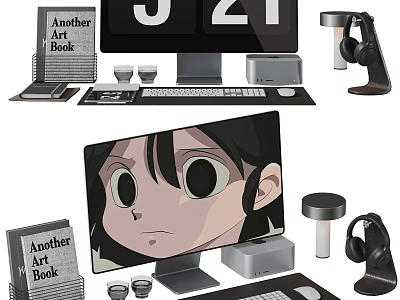 Modern Desktop Computer Setup With Monitor Keyboard Mouse Art Book And Headphones 3d model