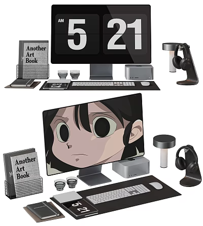 Modern Desktop Computer Setup With Monitor Keyboard Mouse Art Book And Headphones 3d model