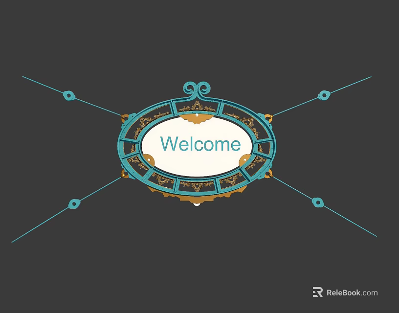 Welcome Sign With Decorative Frame Ornamental Lines And Blue Gold Accents 3d model 