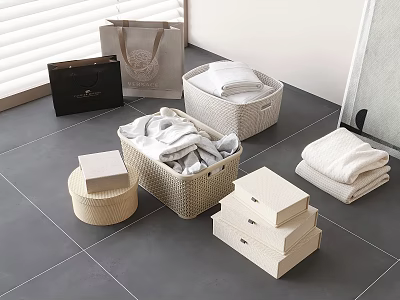 Neat Woven Storage Baskets With White Towels And Storage Boxes On Gray Floor 3d model