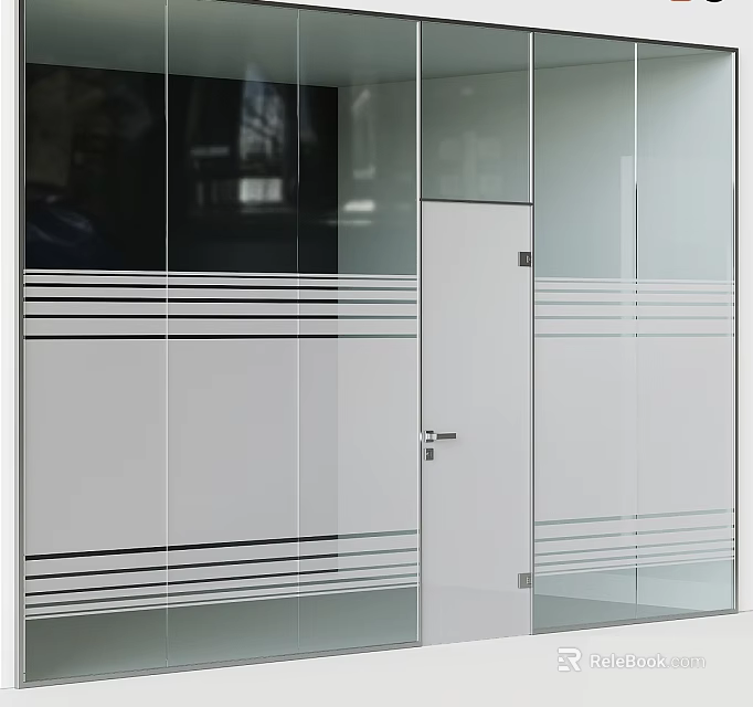 Modern Glass Swing Door With White Frame And Striped Glass Wall Partitions 3d model 
