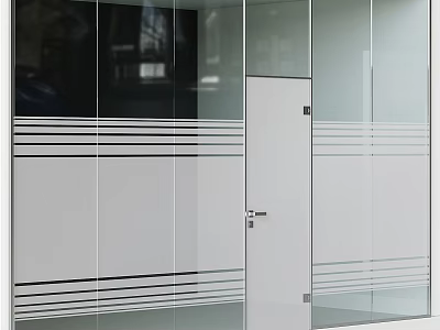 Modern Glass Swing Door With White Frame And Striped Glass Wall Partitions 3d model