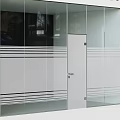 Modern Glass Swing Door With White Frame And Striped Glass Wall Partitions