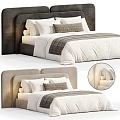 Modern Light Beige Upholstered Double Bed With Comfortable Bedding For Cozy Luxury Bedroom Interior