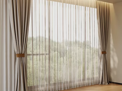Beige Curtains With Sheer Panels Letting Natural Light And Green Trees View In Room 3d model