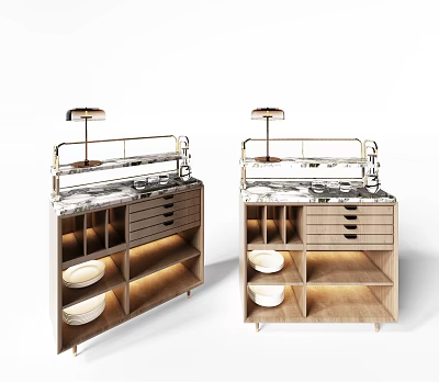 Modern Wooden Sideboard Featuring Metal Shelf Table Lamp Drawers Open Compartments And Interior Lighting 3d model