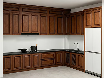 Traditional Dark Wood Kitchen Cabinets With Black Countertop Sink Stove And Refrigerator 3d model