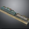 Blue Model Train Locomotive With Freight Car And Loaded Cargo On Display Base
