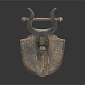 Ancient Metal Weapon with Horned Top Design Decorative Shield Structure and Intricate Carvings
