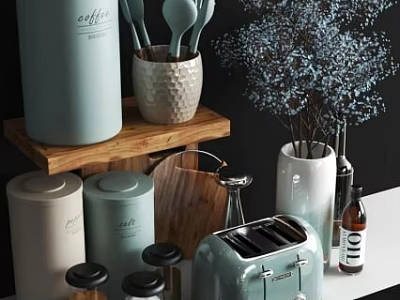 Light Blue Kitchen Decorative Ornament Set with Ceramic Jars Wooden Shelf Flower Arrangement and Toaster 3d model