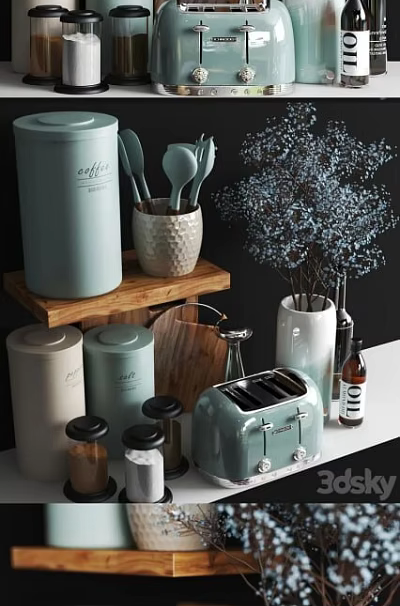 Light Blue Kitchen Decorative Ornament Set with Ceramic Jars Wooden Shelf Flower Arrangement and Toaster 3d model