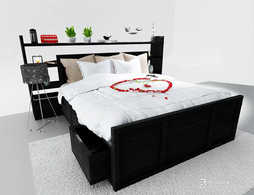Modern Bedroom Interior With Double Bed Black Headboard White Comforter Red Decor 3d model