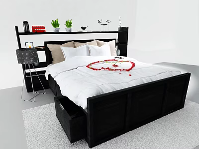 Modern Bedroom Interior With Double Bed Black Headboard White Comforter Red Decor 3d model