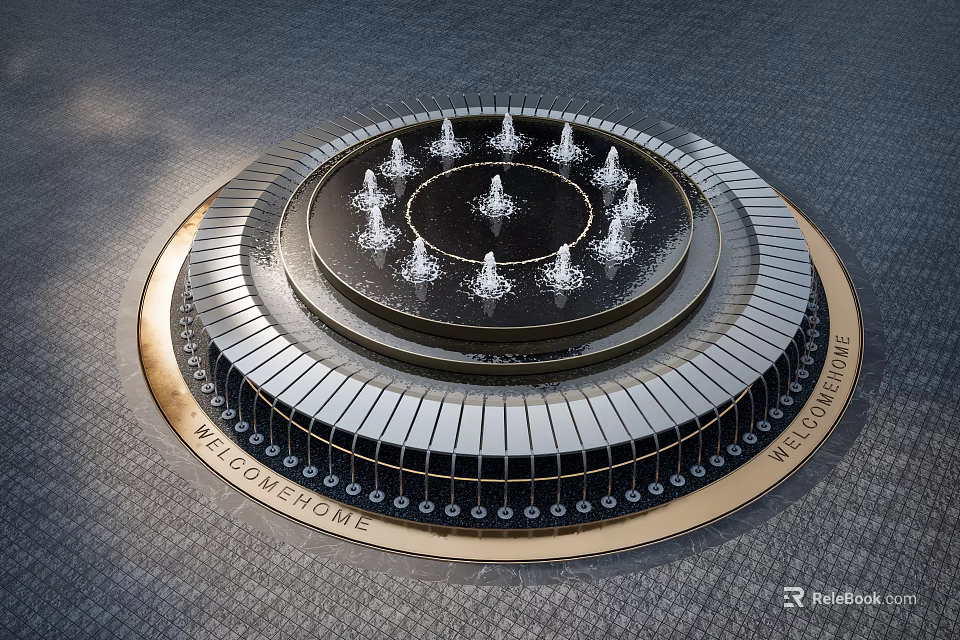 Circular Multi Tiered Water Fountain With Central Jets And Keyboard Like Decorations 3d model 