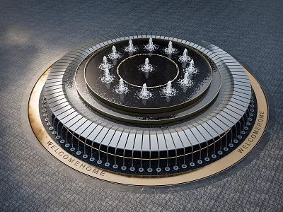 Circular Multi Tiered Water Fountain With Central Jets And Keyboard Like Decorations 3d model