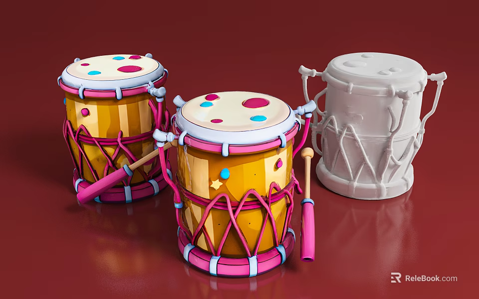 Colorful Drums With Yellow Bodies Colorful Dots Pink Straps And White Drum On Red Background 3d model 