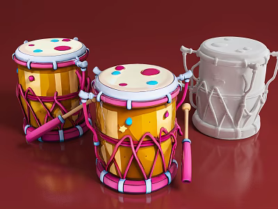 Colorful Drums With Yellow Bodies Colorful Dots Pink Straps And White Drum On Red Background 3d model