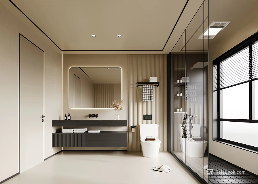 Modern Bathroom Interior Design With Large Mirror Vanity Toilet And Glass Shower Area 3d model 