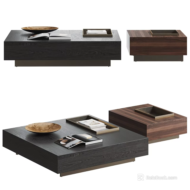 Modern Wooden Coffee Table With Tray Books And Decorative Bowl 3d model 