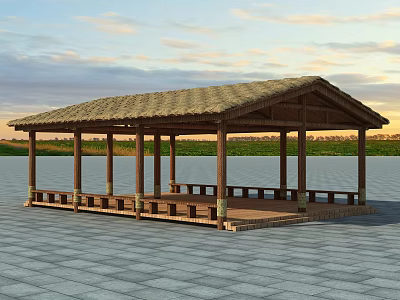 Open Air Thatched Roof Pavilion With Wooden Columns Benches And Stone Pavement 3d model
